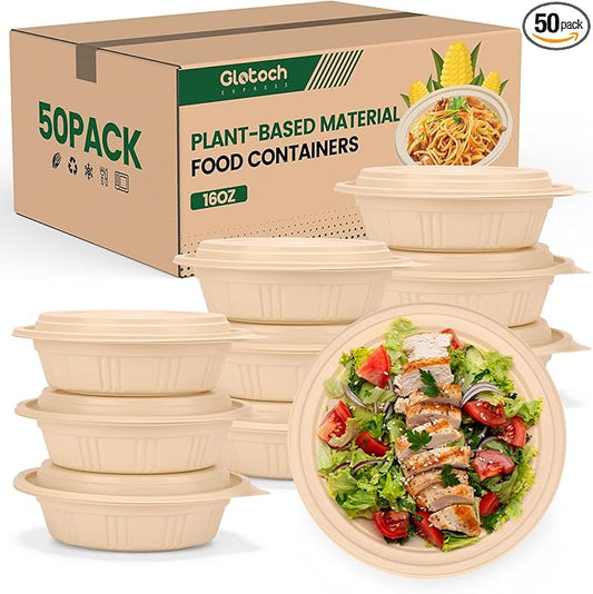 100 Piece (50 Pack) Meal Prep Bowl Containers with Lids, Cornstarch Round Food Containers for Lunch Salad Deli Soup, BPA Free Plant-based Take Out Containers Microwave & Freezer Safe, 16 oz