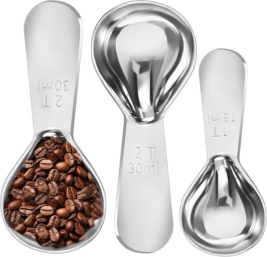 Stainless Steel Coffee Scoop Set - 3 Pc Measuring Spoons (2Tbsp & 1 Tbsp Scoop) for Ground Coffee, Tea, Sugar Or Flour, Short Handles