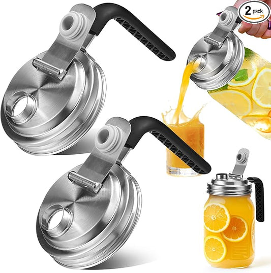 Mason Jar Pour Spout Lid Stainless Steel with Handle, Wide Mouth Pour Spout Flip Cap Lids for Mason Jars, Anticracking Leak Proof Seal Cover Airtight for Drinking Salad Dressing & Food Storing(2PCS)