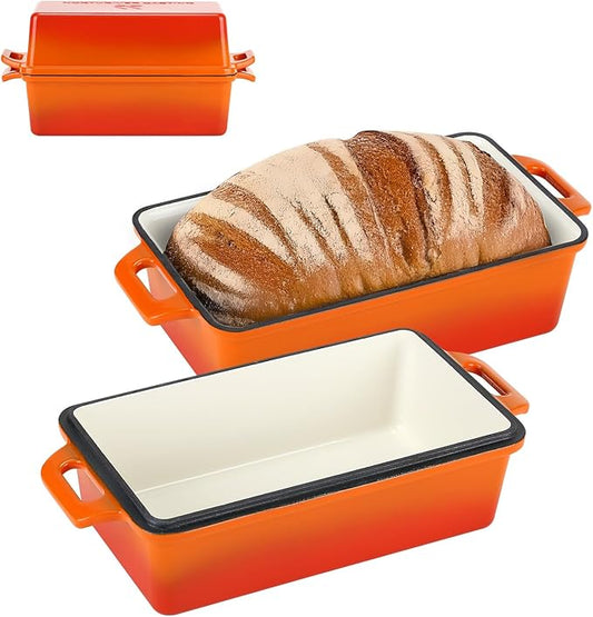 Northriver Casting Enameled Cast Iron Loaf Pan with Lid, Best Bread Oven, Bread Loaf Pans for Baking Homemade Sourdough Bread 9x5, 2 Piece set, Flame