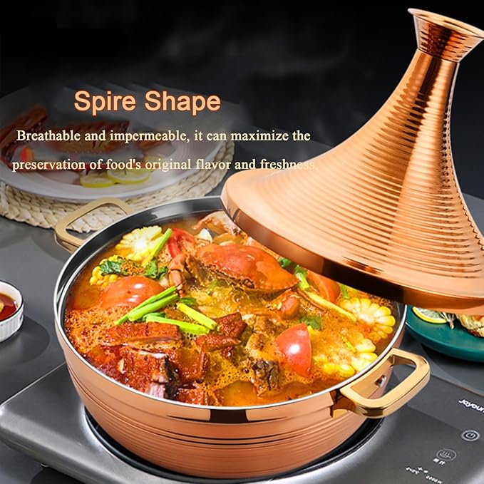 Stainless Steel Moroccan Tagine Pot, Large Moroccan Tajine Casserole with Cone-Shaped Lid, Non Stick Tagine Cooking Pot with 2 Handles(22cm/8.6in, Gold)