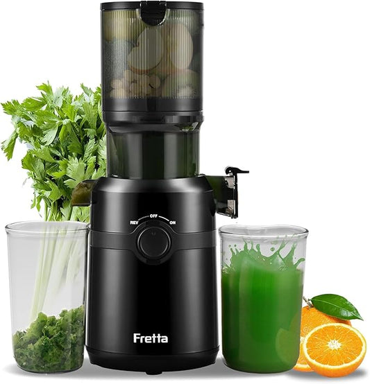 Cold Press Juicer Machines,Fretta Slow Masticating Juicer Machines with 4.25" Large Feed Chute,Fit Whole Fruits & Vegetables Easy Clean Self Feeding,High Juice Yield,Tritan BPA-Free,Onyx Black