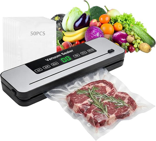 11.8in Vacuum Sealer Machine with 50 Bags, Heavy Duty Wet & Dry Food Saver with Detachable Base, Automatic Kitchen Vacuum Sealer for Meal Prep, Freezer Storage (Silver)