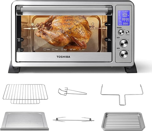 TOSHIBA 10-in-1 Convection Toaster Oven, 6-Slice Countertop Oven, 1500W with Toast, Bake, Broil, Rotisserie & Pizza Functions, LCD Knob Controls, 6 Accessories, Stainless Steel