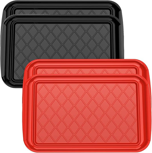 Serving Trays for Party - Set of 4, Large Serving Platters for Raw and Cooked Food, Dishwasher Safe, 17×10.5-inch Stackable Plastic Party Supplies for Grilling, BBQ, Meal Prep (Red, Black)