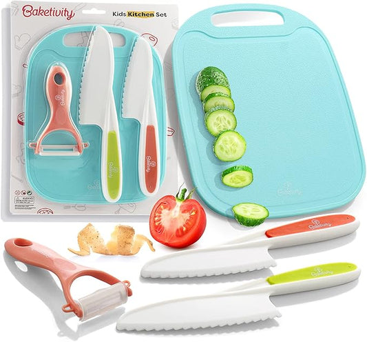 Baketivity Kid Safe Plastic Knives for Real Cooking with Cutting Board, Peeler for Kitchen - Knife Set with Blunt Tip, Dishwasher Safe, BPA Free Kids Knives for Cutting