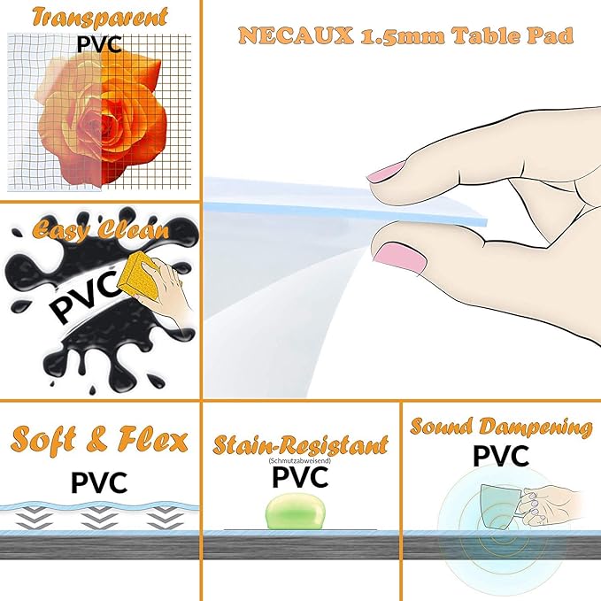 NECAUX Custom Multisize 1.5mm Thick Frosted PVC Table Cover Protector - 54 x 108 Inch Water Resistant Rectangular Non-Slip Vinyl Protective Table Pad for 9 Foot Dining Room Table/Meeting Table