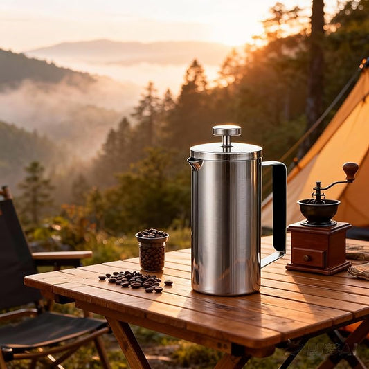 Samll French Press Coffee Maker 21OZ, Stainless Steel 600ml Coffee Press with Black Handle for Personal, Office, Travel,Camping (Sanding Silver, 1-3 Cups)