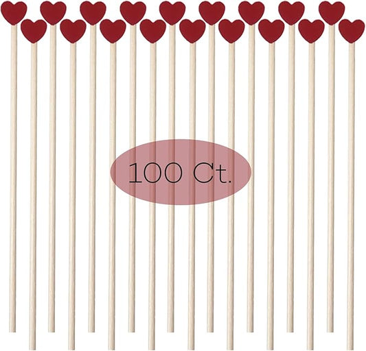 100 Pcs 6 Inch Red Heart Shaped Valentine's Day Wooden Swizzle Sticks, Cocktail & Coffee Drink Stirrers, Rock Candy Sticks, Cake Pop Sticks, Lollipop Sticks for Anniversary, Wedding Party