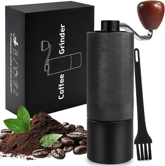 Manual Coffee Grinder Gift Box Non-Detachable Stainless Steel Conical Burr Aluminum Coffee Bean Grinder with 25 Grinding Settings Cleaning Brush Grindable Espresso Moka Pot for Camping Black