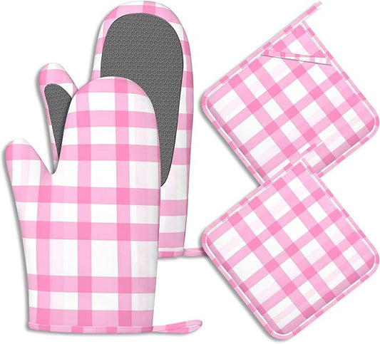 Buffalo Check Plaid Oven Mitts and Pot Holders Pink Checkered Silicone Kitchen Accessories Set of 4 Heat Resistant Non-Slip Long Gloves Potholder for Chef Cooking Baking Gifts Women Men