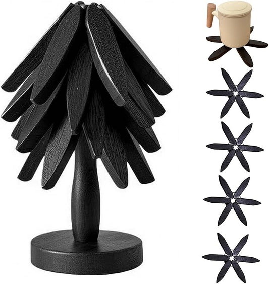 Natural Foldable Black Walnut Wooden Trivet Set - 4 Trivets + 1 Stand for Hot Dishes, Pot, Bowl, Teapot, Hot Pot Holders (Black)