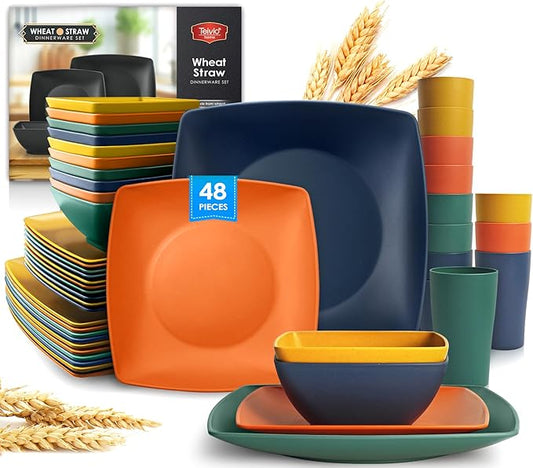 Teivio 48-piece Kitchen Plastic Wheat Straw Square Dinnerware Set for 12, Unbreakable Dinner Plates, Salad Plates, Snack Bowls, Tumblers 13.5 oz, Dishwasher Safe, Autumn Multicolor
