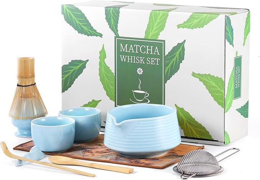 HELPLX Matcha Whisk Set 10-Piece Japanese Matcha Kit with BowlWhisk & Holder2 Tea CupsBamboo ScoopSpoonSifterScoop Rest & Tea Towel – Blue Matcha Tea Set for Ceremony or Daily Use