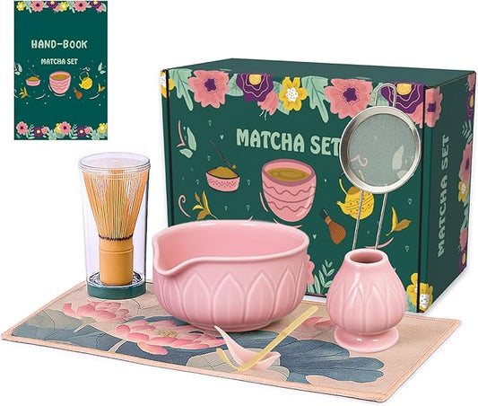 Matcha Whisk Set - 7pcs Japanese Tea Ceremony Kit with Spouted Bowl & Bamboo Whisk, Matcha Starter Kit for Beginners - Authentic Green Tea Accessories, Gift Set for Lovers-Pink