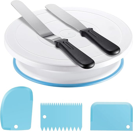 Kootek Cake Decorating Kit Baking Supplies Set Cake Turntable with 2 Frosting Straight Angled Spatula 3 Icing Smoother Scrapers Baking Accessories Tools for Beginners and Pros, Mother's Day, Blue