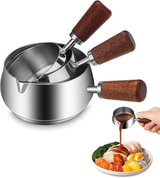 3 Pieces Stainless Steel Mini Sauce Pan with Wooden Handle & Spout, 1.7/3.4/5.1 Oz Silver Small Butter Warmer Saucepan, Reusable Sauce Pot Dipping Bowl (Silver)