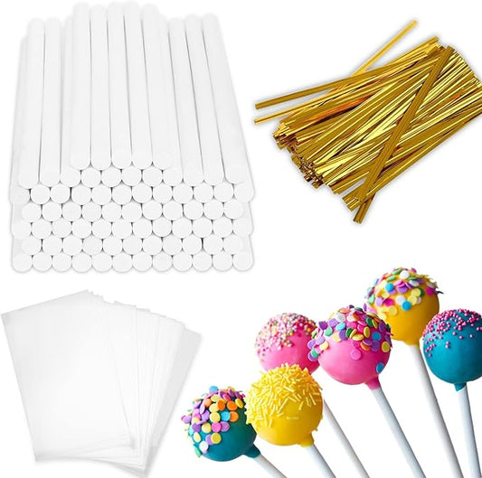 600PCS Cake Pop Sticks and Wrappers for Valentine's Day, Including 200pcs 6-inch Paper Lollipop Sticks, 200pcs Parcel Bags, 200pcs Gold Twist Ties for Lollipop, Candy, Chocolate, Marshmallows