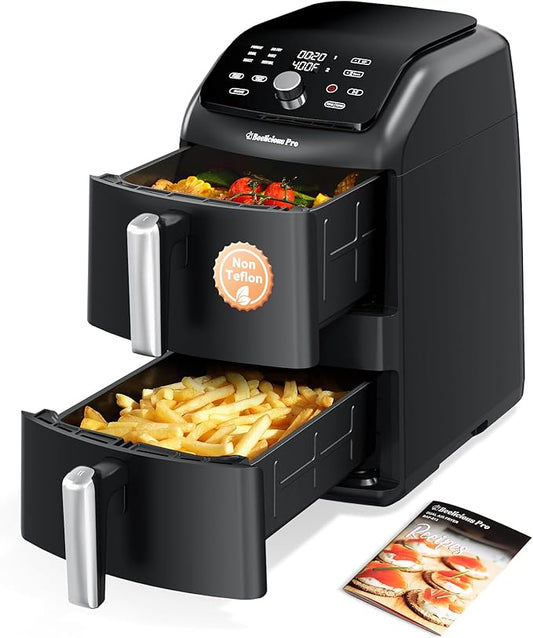 12QT Large Double Air Fryer, 10-in-1 Dual Airfryer with 2 Baskets & SyncHeat Tech for Even Cooking, Stacked Compact Design, Smart Finish & Match Cook, PFAS-Free Nonstick, Dishwasher Safe, Black