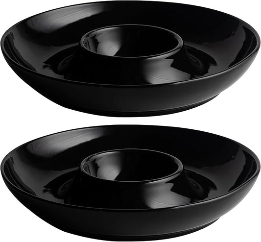 LEHAHA Porcelain Chip and Dip tray, set of 2, Ceramic Divided Serving Tray for Parties, Round Dip Platter and Salsa bowl Perfect for chips, salsa, candy, olives, nuts, fruit and veggies, Bright Black