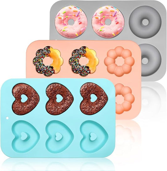 3 Pack Silicone Donut Pan, Non-stick Doughnut Molds for Baking, 6 Cavity Donut Maker Muffin Cupcake Bagel Making Tray (Gray, Pink, Blue)