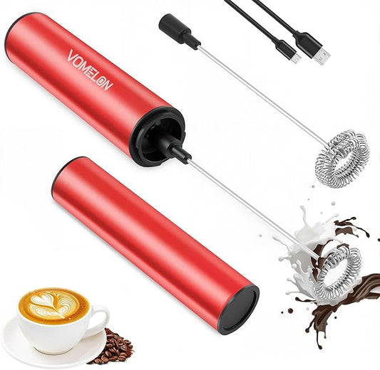 Milk Frother, Rechargeable Battery Operated Frother for Coffee,Portable Drink Mixer with 2 Stainless Steel Whisk Heads,Milk Foamer for Keto Coffee, Latte, Cappuccino, Hot Chocolate,Rube Red