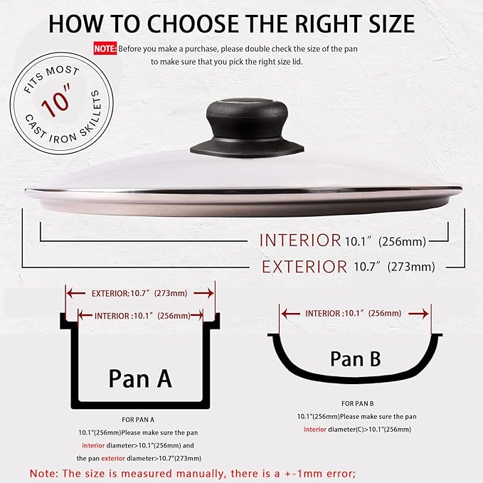 10 Inch Pan Lid 10" Tempered Glass Lid for Frying Pan, Skillets, Pans, Pots and Wok, Heat Resistant Handle