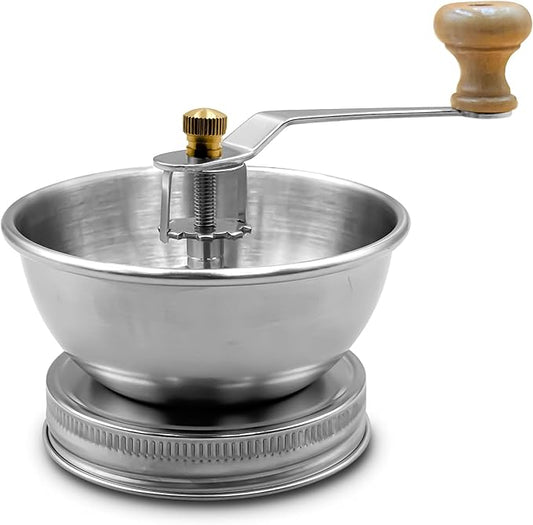 Stainless Steel Coffee Grinder Lid Attachment for Regular Mouth Mason Jars - Manual Crank Burr Grinder for Fresh Coffee, Ideal for Camping, Home Barista, Rust Proof Ceramic Mechanism (Wide)