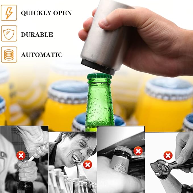 2PCS Pop-the-Top Beer Bottle Opener, Metal Automatic Magnetic Glass Bottle Cap Openers, Wine Bartender Tool Cap Catcher for Bar, Party, Wine Ceremony, Restaurant Household Utensils, Easy to Use-Silver