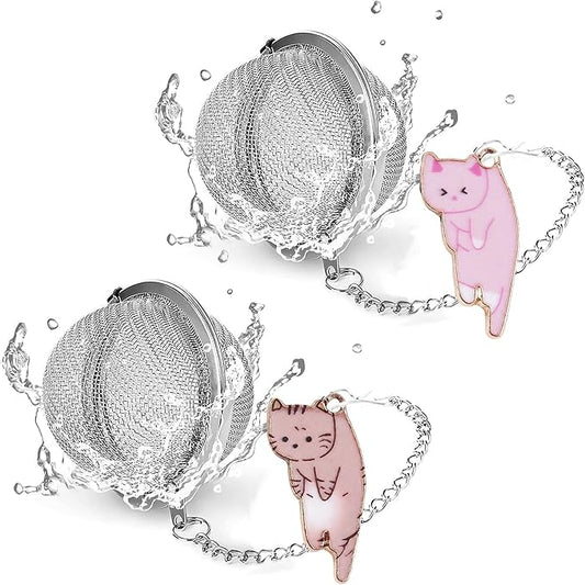 Cat Tea Infuser Set 2PCS, Loose Leaf Tea Strainers with Cute Alloy Charm, Stainless Steel Mesh Steeper for Flower Fruits Spices Herbal Tea and Cold Brew
