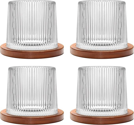 Rotatable Old Fashioned Glass, 275ml/10oz Crystal Whiskey Glass Set of 4, Wood Coaster, Thickening, Used as Rum Glass, Cocktail Cup, Coffee Cup, Milk Cup to Relax and Reduce Stress, Christmas gifts