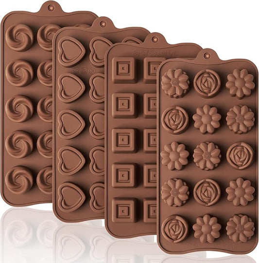Puyeipt 4 Pcs Silicone Chocolate Molds, Non-Stick Candy Molds for Making Bite Size Chocolates, Candies, Truffles, Gummies, Jelly (Heart, Sunflower, Rose, Square, Swirl Shaped)