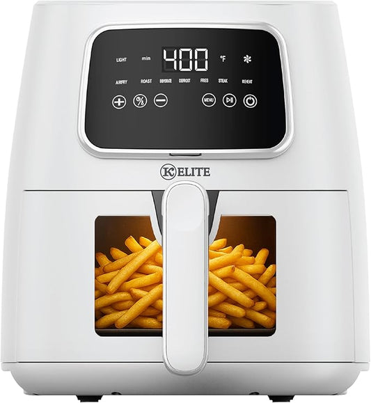 Kitchen Elite 5.5 Qt. Digital Air Fryer, Countertop Cooker with LED Screen, Presets for Air Fry, Roast, Dehydrate, Defrost and Reheat, White