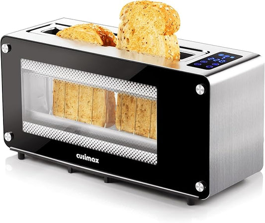 CUSIMAX Toaster 2 Slice Long Slot with Clear View Glass Window,One Touch Digital Control Presets with Automatic Lifting,Slide-out Glass Panel and Easy Clean Up Crumb Tray