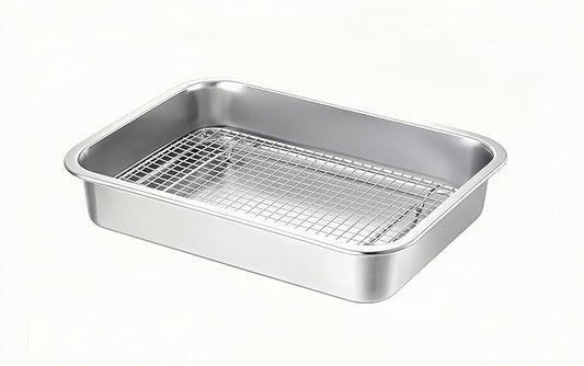 Stainless Steel Sturdy Roasting Pan with Cooling Rack – Oven, Toaster & Grill Safe, Deep Edge, Smooth Finish, Dishwasher Safe – Perfect for Turkey, Chicken, BBQ (14x10.4x2.8in)