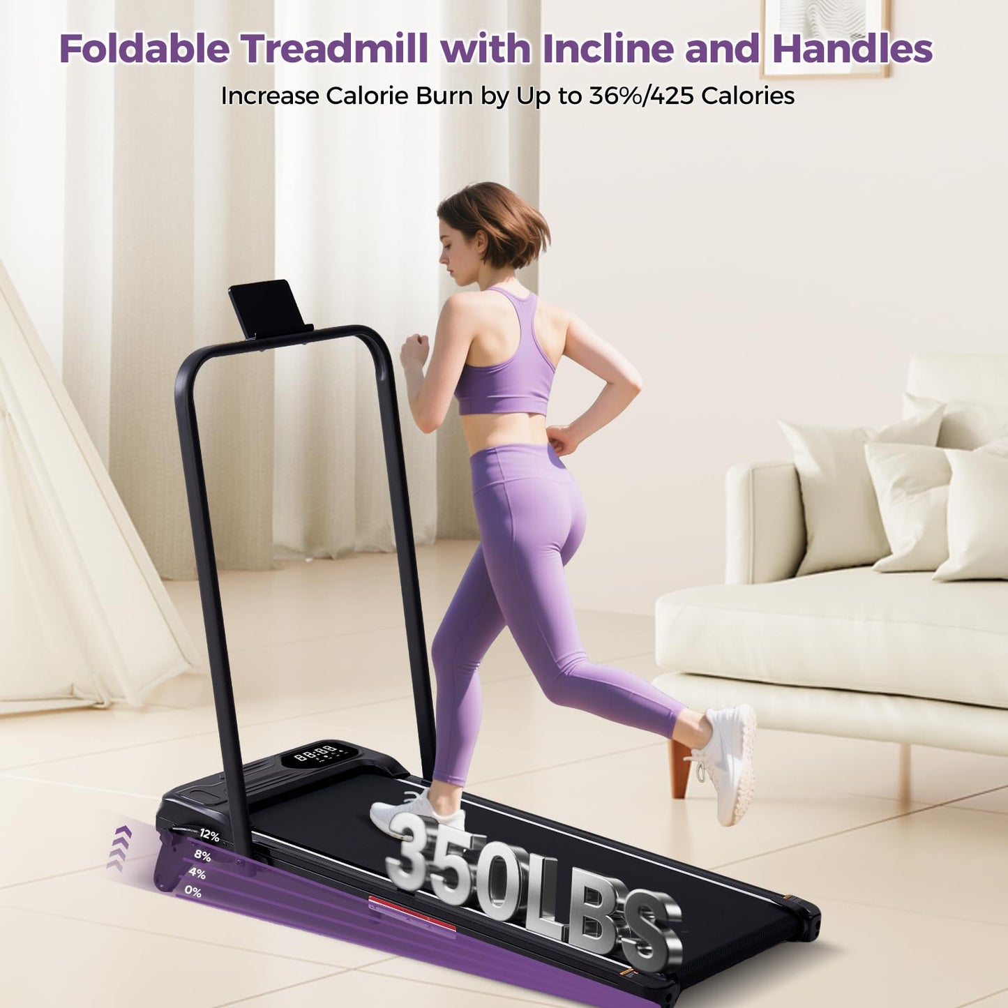 Portable Foldable Walking Pad with Handle Bar and Adjustable Incline, Under Desk Walking Pads Treadmill with Incline and Handles, 3.5HP Folding Electric Treadmills for Home Small, 0.6-7.6MPH, 350LBS