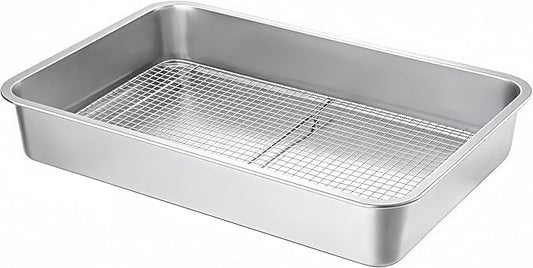 Stainless Steel Sturdy Roasting Pan with Cooling Rack – Oven, Toaster & Grill Safe, Deep Edge, Smooth Finish, Dishwasher Safe – Perfect for Turkey, Chicken, BBQ (19.5x13.6x2.8in)