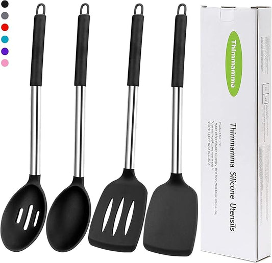 Silicone Spatula Spoon Set, 4 PCS Silicone Cooking Utensils Spatula Spoon Set with Stainless Steel Handle, BPA Free Kitchen Turners for Frying, Mixing, Serving, Draining, Turning, Stirring, Black