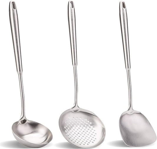Wok spatula and ladle,Skimmer Ladle Tool Set, Chinese Wok Utensil Set, All metal 304 Stainless Steel Cooking Utensils(15in,15in,14in)