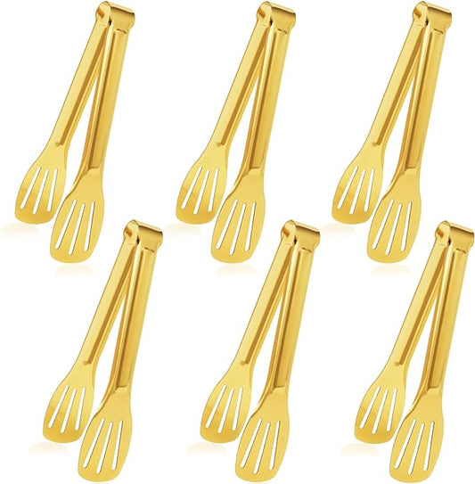 JCREN Serving Tongs 6 Pack Stainless Steel Buffet Tongs Kitchen Tongs, Small Tongs Gold Tongs Serving Utensils for Party Catering, Gold,7 Inch