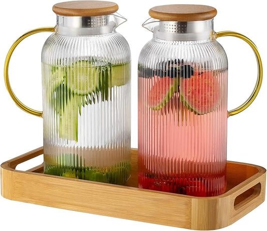 Buaic Glass Pitcher with Lid, 2 PACK 68 oz/2 Liter Vertical Water Pitcher With Serving Tray, Clear Borosilicate Glass Water Carafe for Cold Brew, Coffee, Lemonade, Iced Sun Tea,Beverage,Heat Resistant