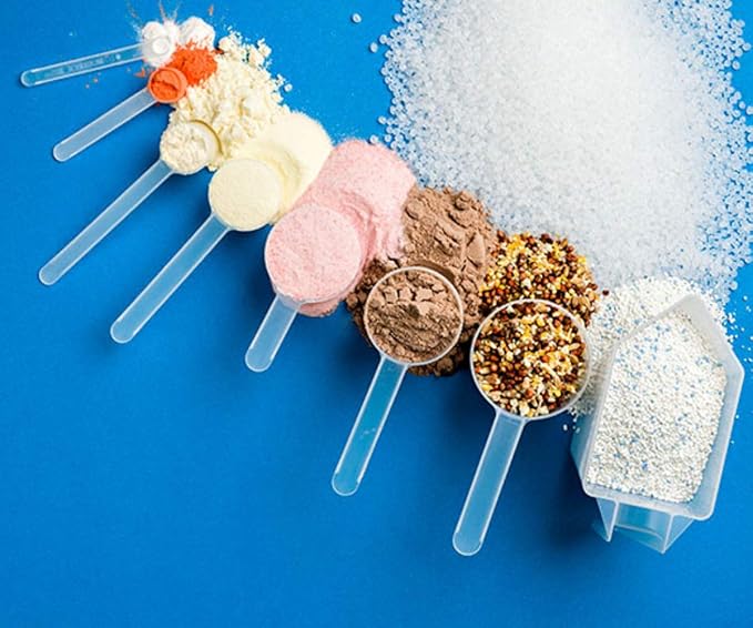 Plastic Measuring Scoop, (70 cc | 4.73 tbsp | 2.37 fl oz. | 70 mL) Long Handle Spoons for Powders, Granules, Coffee, Pet Food, Baking Supplies, Protein and Other Dry Goods, BPA Free (Set of 100)