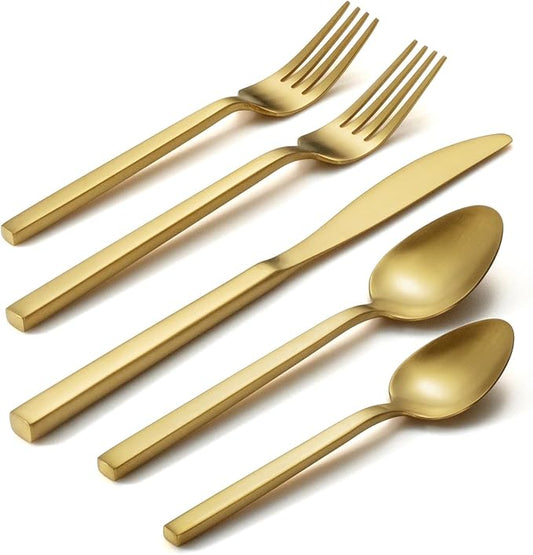 Alata Cube Gold 20-Piece Flatware Set, Forged Cutlery Set, Matte Gold Silverware Service for 4, Stainless Steel Tableware with Square Handle for Home/Restaurant, Dishwasher Safe