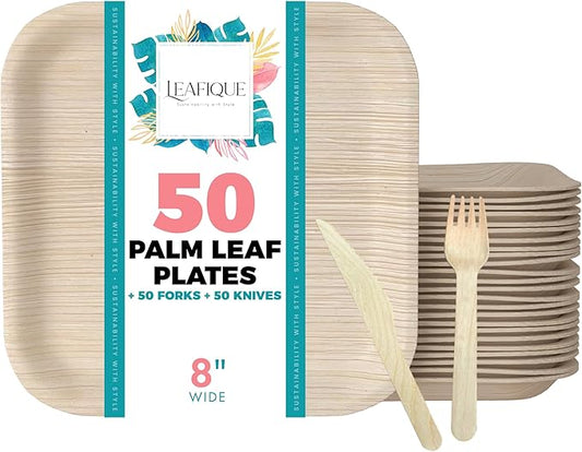 100% Natural 8 Inch Square Palm Leaf 50 Plates + 100 Cutlery (50 Forks & 50 Knives), Biodegradable Dinnerware for Catering, Birthdays, Halloween, BBQs, Alternative to Paper & Bamboo Plates Disposable
