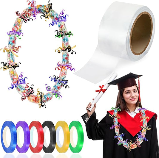 Jansun 2 Inch x 164 ft Poly Tubing Clear Graduation Candy Lei Tubing & 6 Rolls Ribbons Candy Lei Making Kit for Graduation Party Supplies