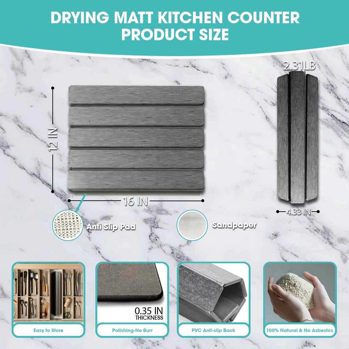 Dish Drying Mat Stone Bath Mat Diatomaceous Earth Stone Drying Mat For Kitchen Counter Sink Bath Mat Quick Dry Non Slip Foldable Dish Drying Rack Mat Small(16"×12" Dark Grey)