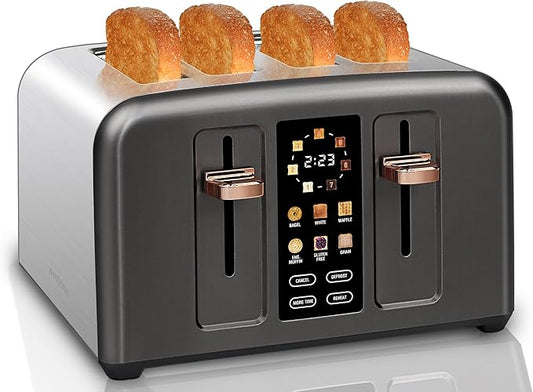 SEEDEEM Toaster 4 Slice, Stainless Toaster & Touch Control, LCD Display, 6 Bread Type, 7 Shade Settings, 1.5'' Wide Slots, Cancel/Defrost/Reheat, Removable Crumb Tray, 1800W, Dark Metallic
