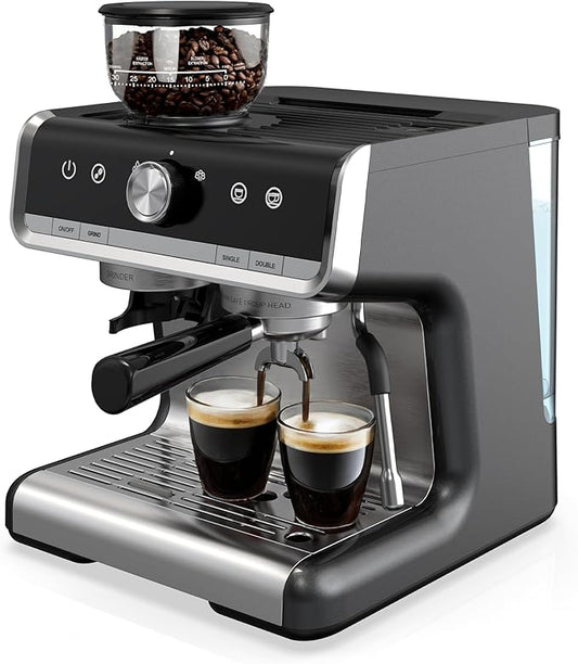 GarveeHome Espresso Machine With Grinder, 20 Bar Semi-Automatic Espresso Coffee Maker With Milk Frother Steamer Wand Cappuccino Latte Macchiato, 95 oz Water Tank, PID Temperature Control, Dark Gray