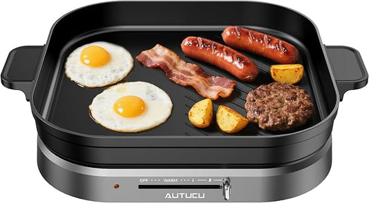 AUTUCU T2NA 2-in-1 Electric Griddle Nonstick Flat Grill, PFOA-Free Ceramic-Coated Surface | Easy to Clean, 1200W, Square 11.3" (Includes Tongs)