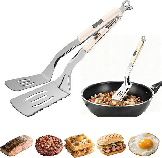 11.5-inch Stainless Steel Tongs for Cooking – Versatile Metal Spatula Tongs for Flipping, Picking Up, Cutting, and Stir-Frying Meats and Other Foods. Kitchen Tongs Durable and Multifunctional(White)